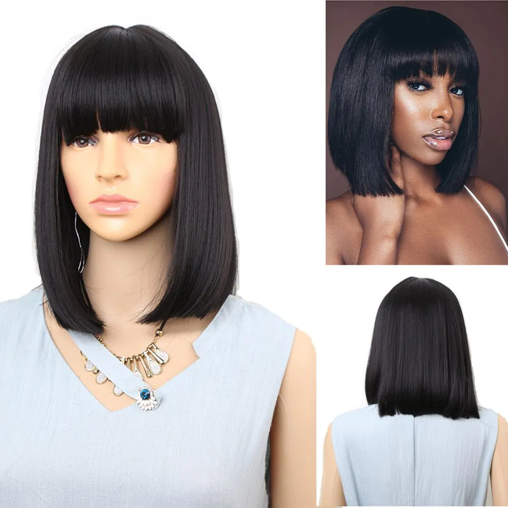 Straight Black Synthetic Wigs With Bangs Hair Bob Wig Heat Resistant