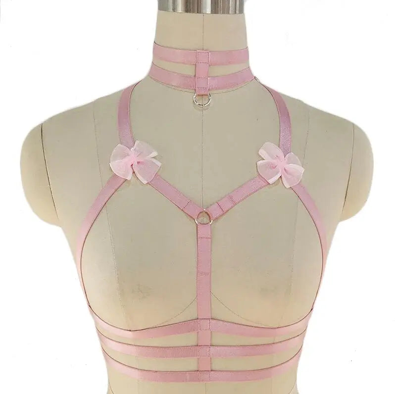 Original Design Pink Collar Bow Harness Bra Kawaii Open Chest Bondage Body Cage