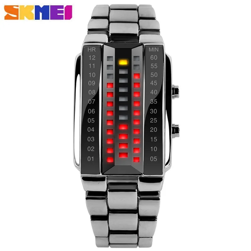 Waterproof Men Stainless Steel Red Binary LED Electronic Display Sport Watches