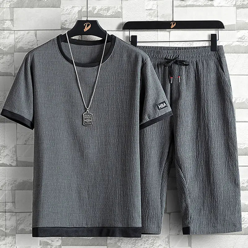 Men's Two Pieces Sets Solid Color Elastic Short Sleeve Loose Men's Oversize Sets