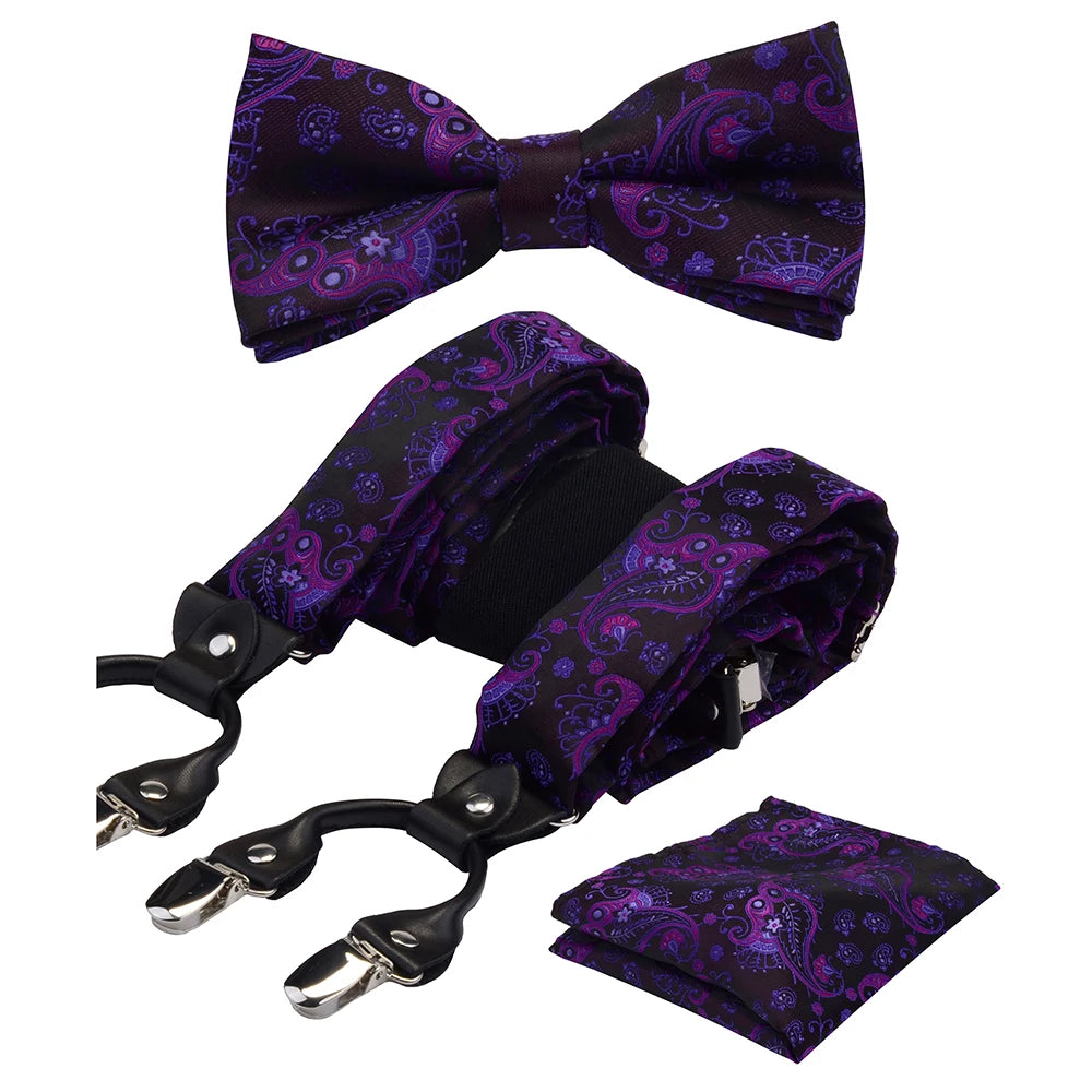 Y Shape Suspenders Bowtie and Pocket Square Set