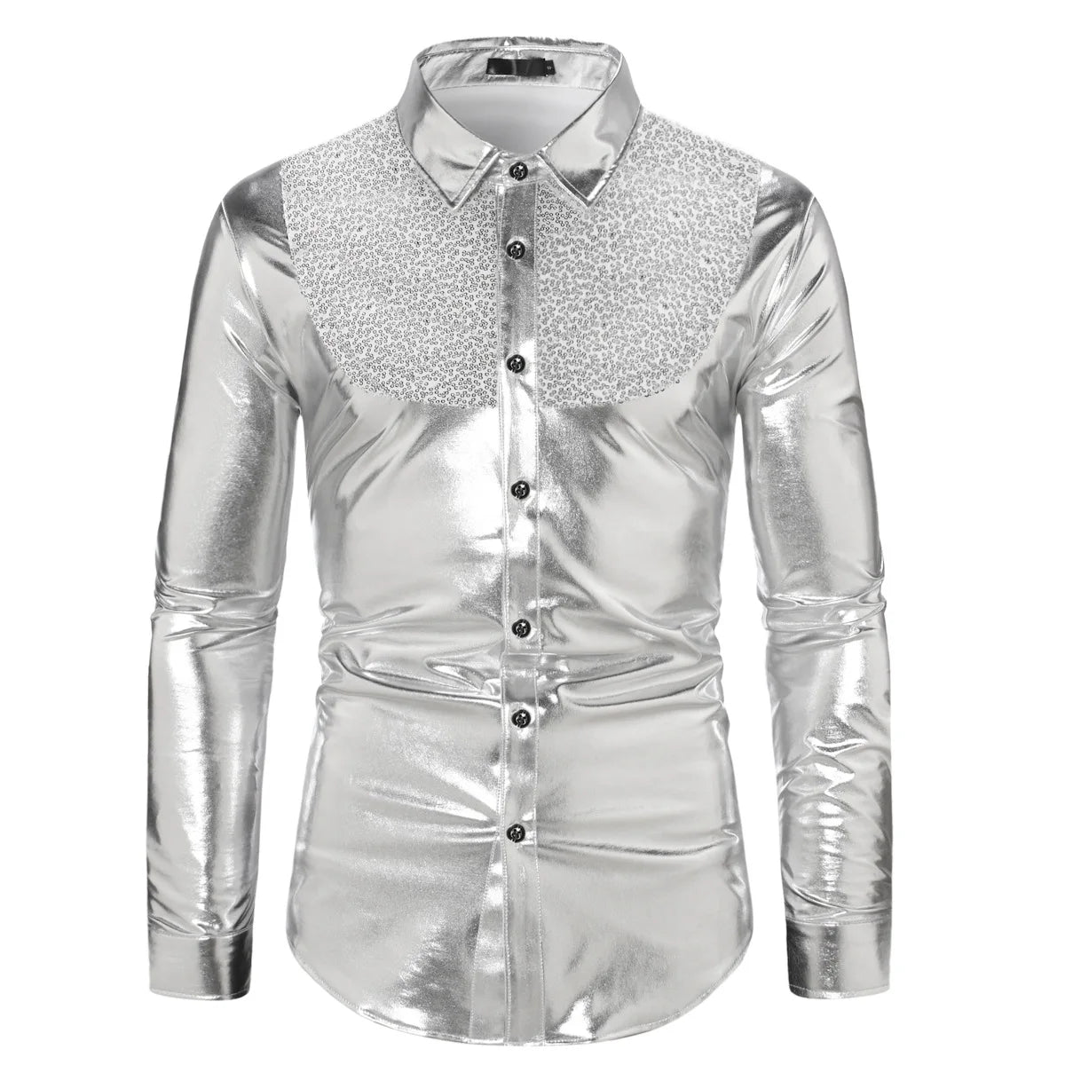 S-2xl Autumn New Fashion Contrast Sequin Disco Shirt Men's Long Sleeve Shirt