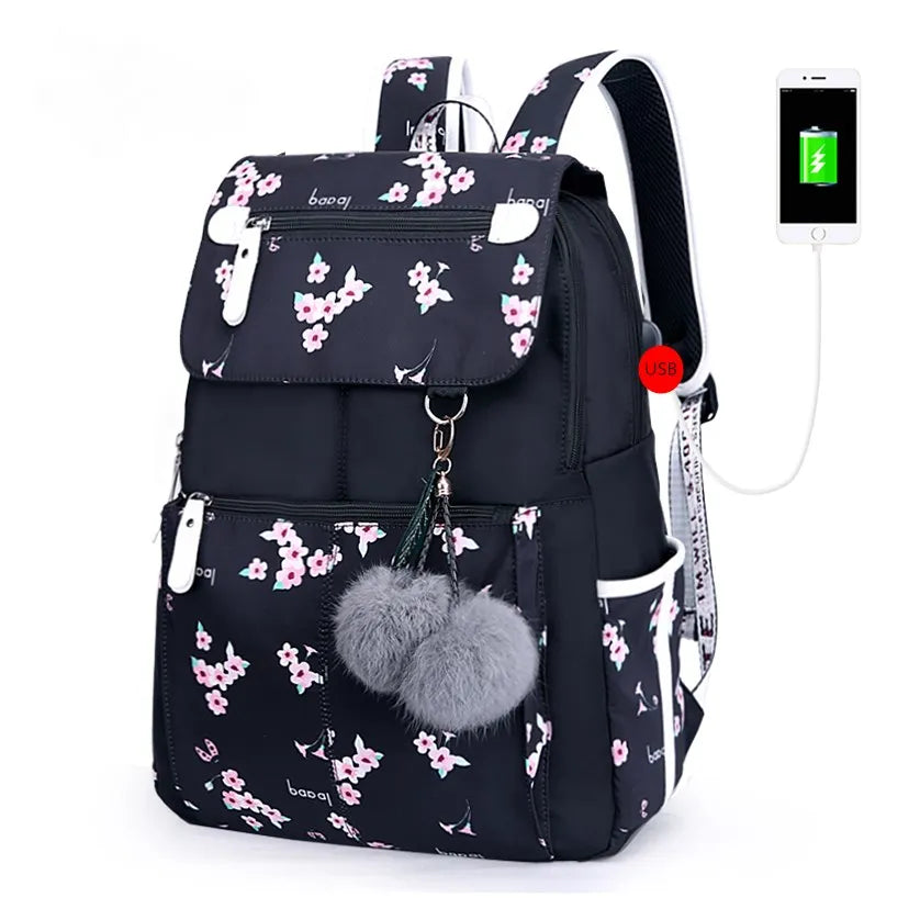 Usb School Bags  Black Backpack Plush Ball Girl Schoolbag Butterfly Decoration