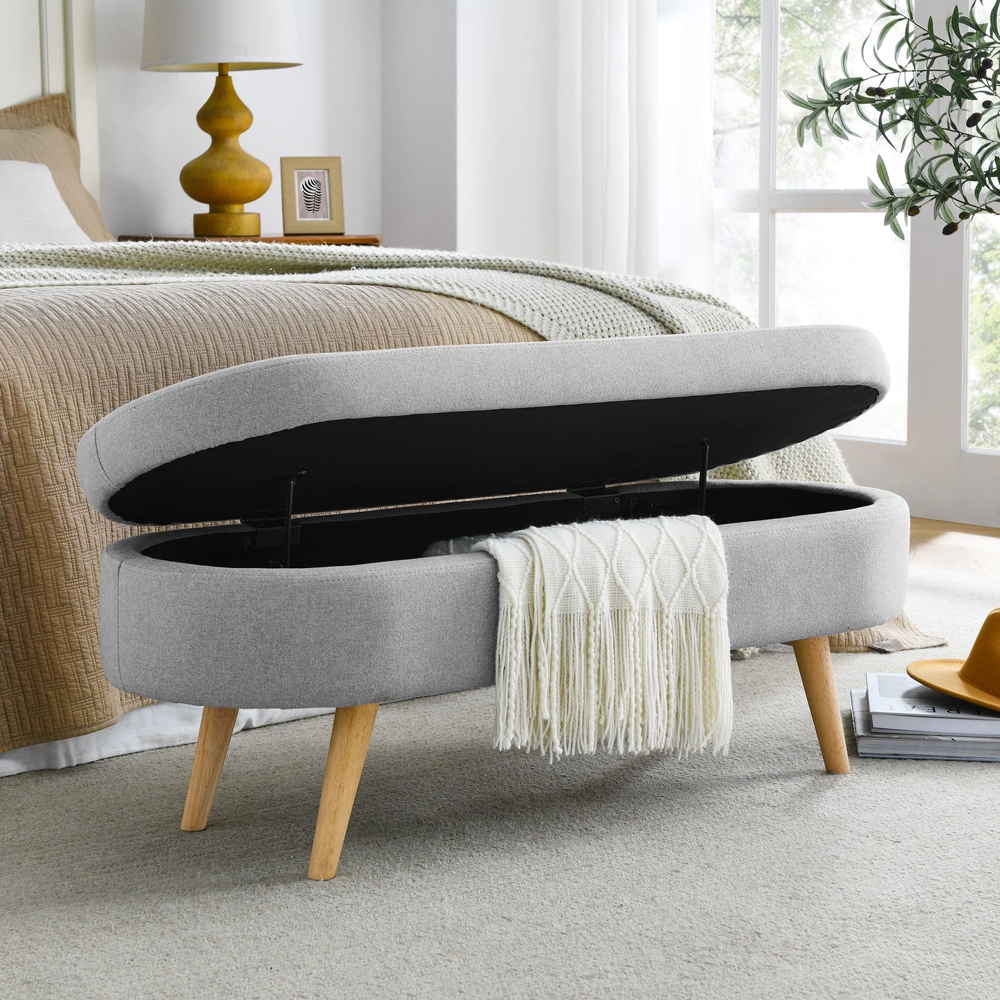 Ottoman Oval Storage Bench, Rubber Wood Legs, Grey(43.5"x16"x16")