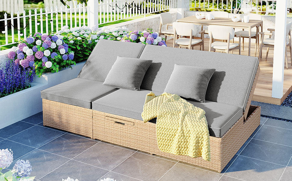 Outdoor Double Sunbed, Wicker Rattan Patio Reclining Chairs