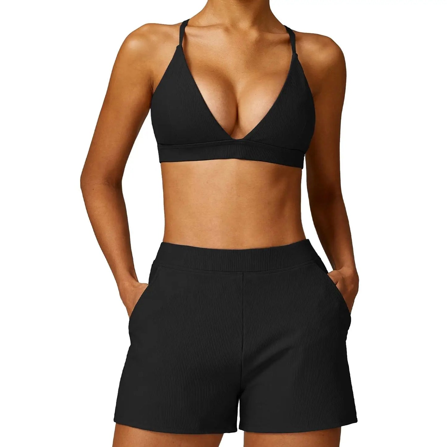 Women Stretchy Soft Comfort v Neck Ribbed Running Shorts and Bra Set