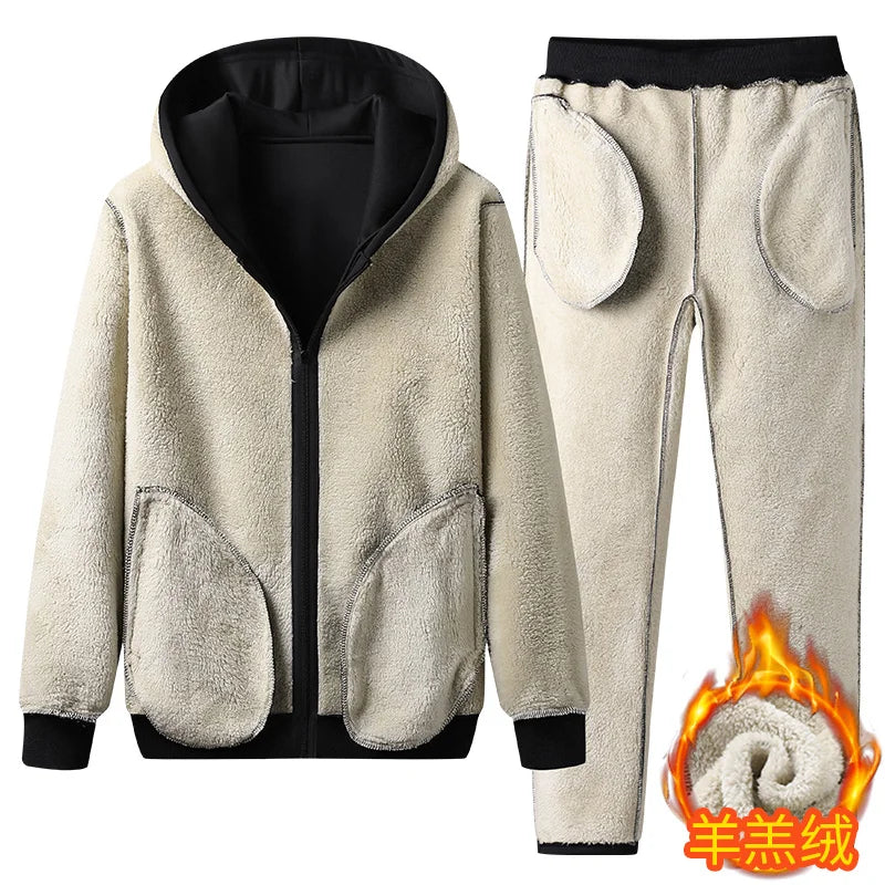 Winter Men Set Warm Thick Hooded Jacket+Pants 2PC Sets  Hoodies Zipper Tracksuit