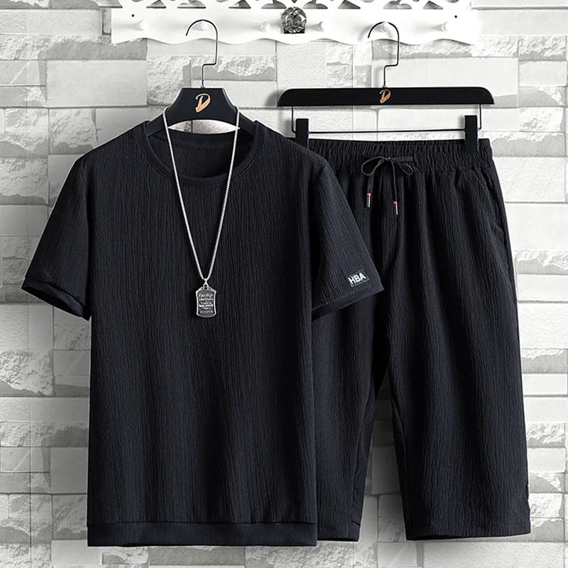 Men's Two Pieces Sets Solid Color Elastic Short Sleeve Loose Men's Oversize Sets