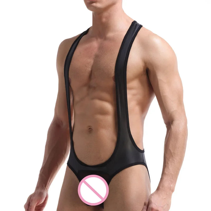 Sexy Mens Undershirts Jockstrap Mesh Open Crotch PU Leather Jumpsuits