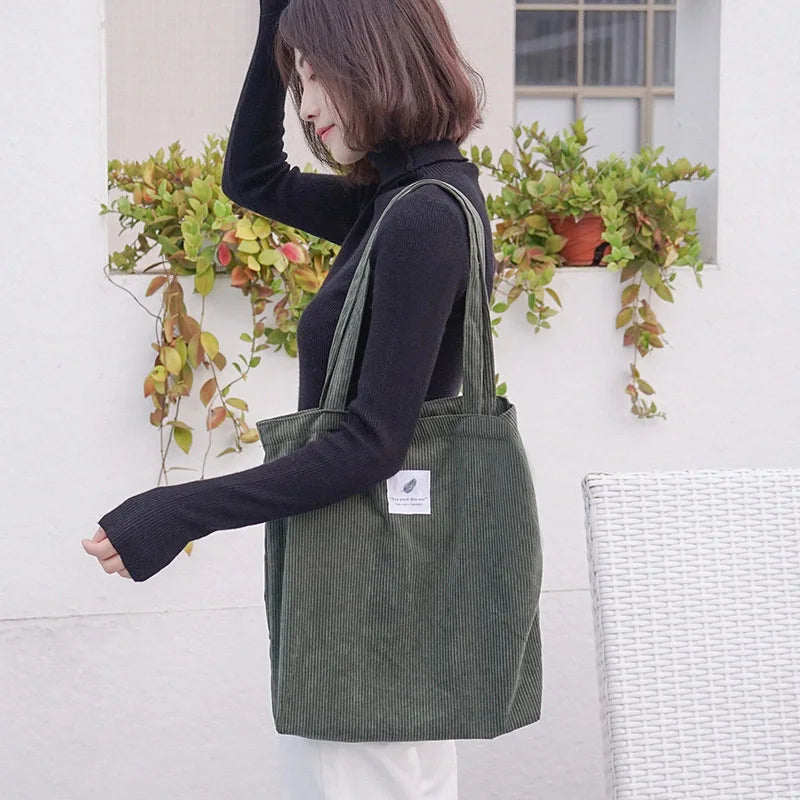 Women Corduroy Canvas Handbag Female Cloth Shoulder Bags Reusable Folding Bags