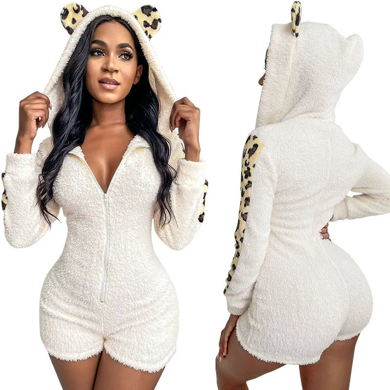 Tight Hooded Pajamas Autumn Winter Leopard Print Jumpsuit