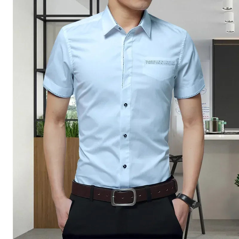 Summer Men Cotton Short Sleeves Dress Shirt Turn-Down Collar Cardigan