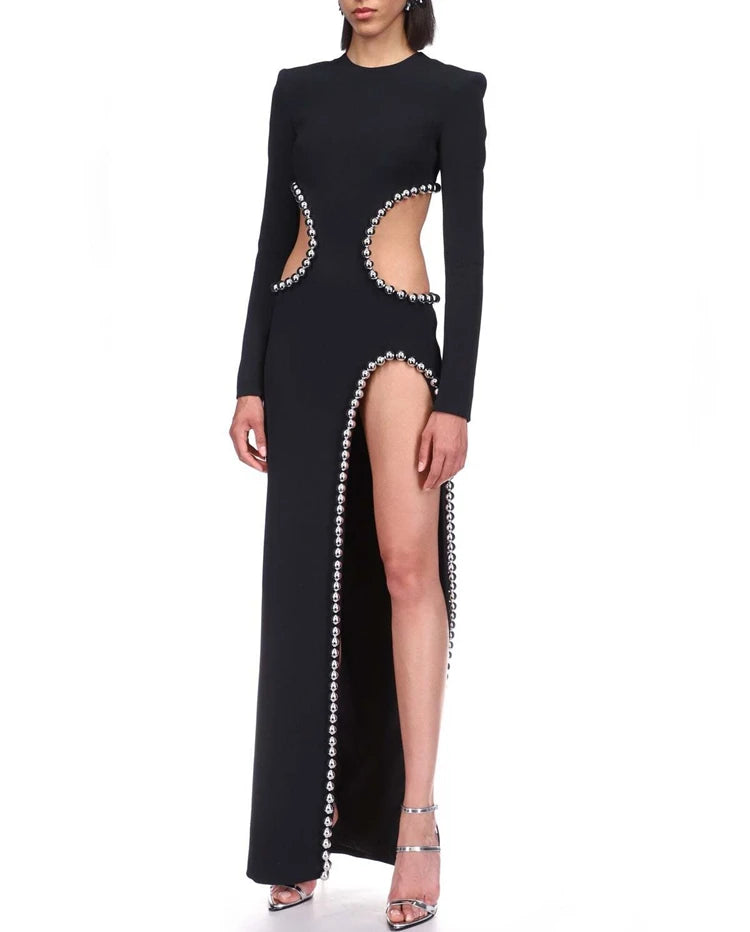 Women Elegant Long Sleeves Sexy Beaded Hollow Out Bandage Long Evening Dresses