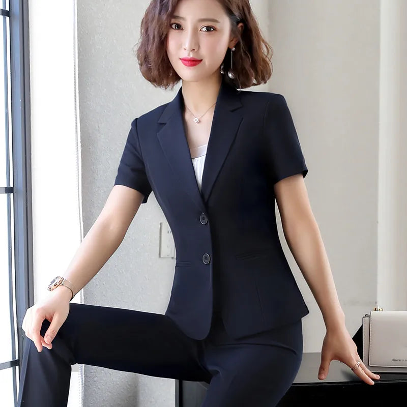 Short Sleeve Slim Blazer and Trousers Office Ladies Work Wear