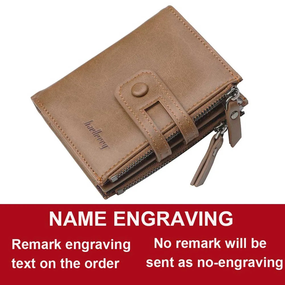 Name Engraving Men Wallets Leather Double Zipper