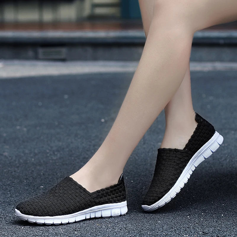 New Women Flats Autumn Casual Shoes Woman Sneakers Breathable Female Woven Shoes