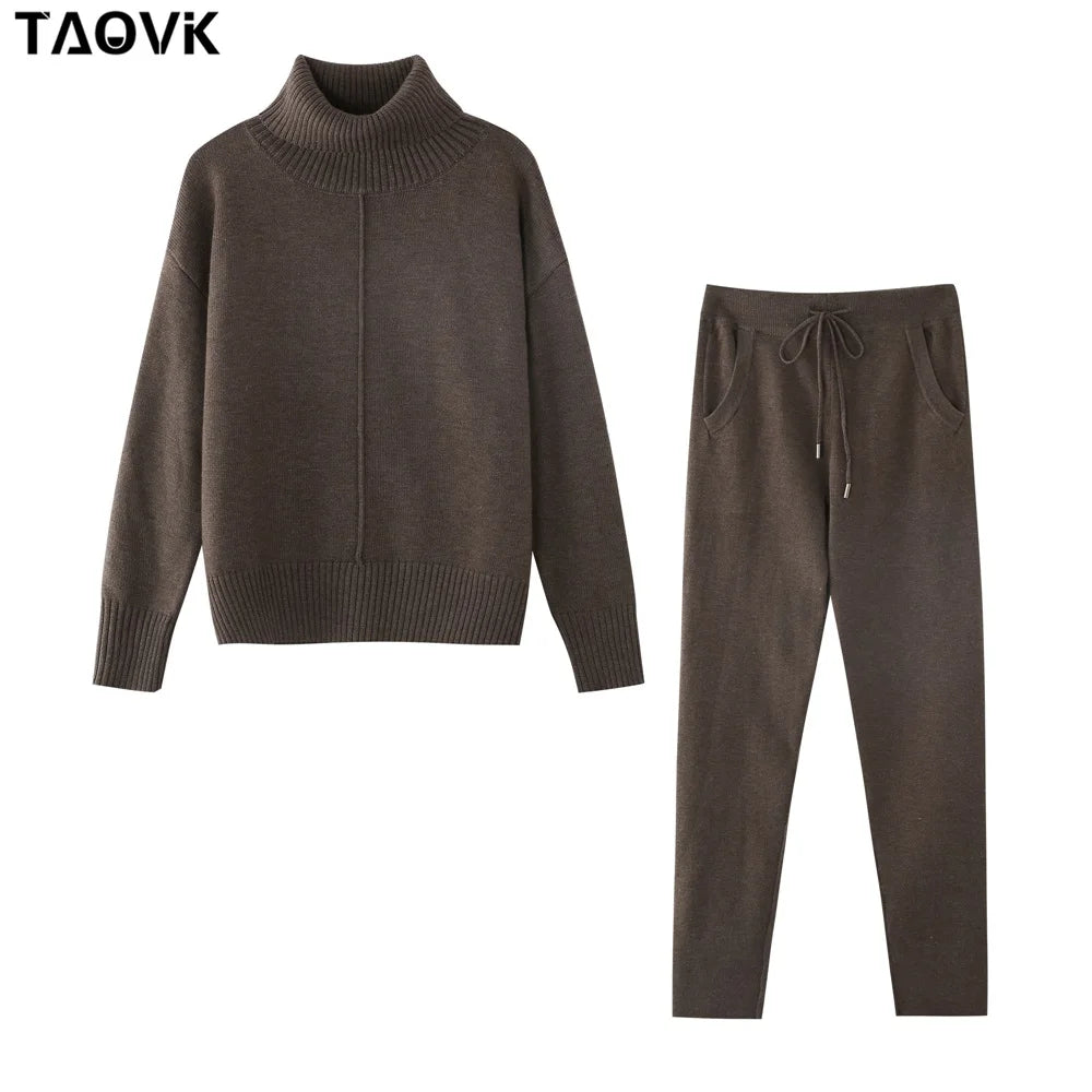 Women's Woolen Knitted Suit High Collar Sweater + Pants Loose Style