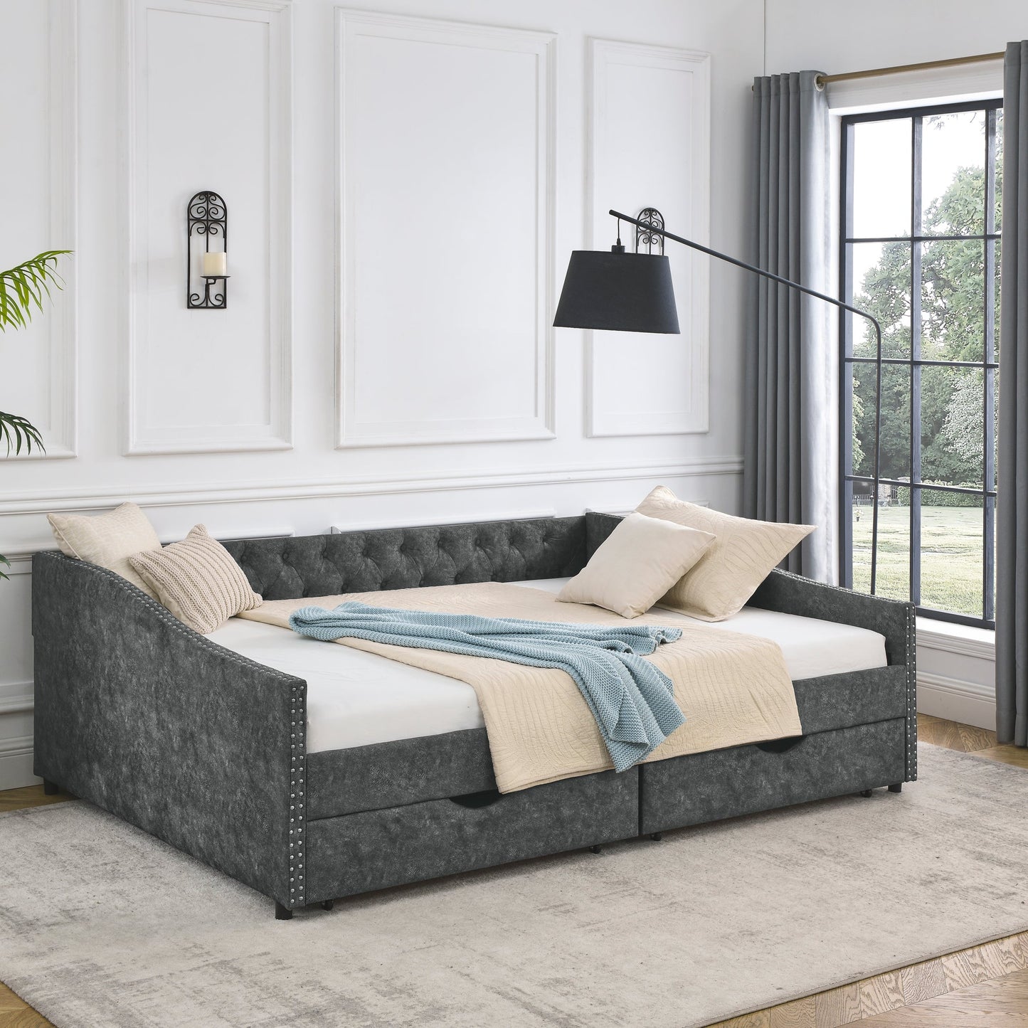 Queen Size Daybed With Drawers Upholstered Tufted Sofa Bed