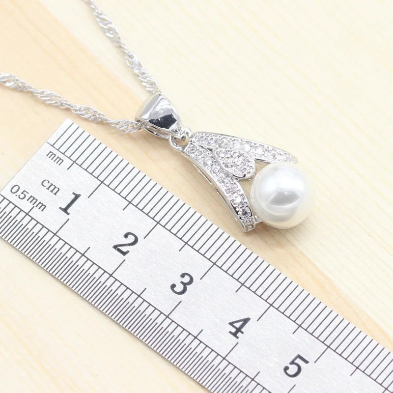 Pearl Silver Color Jewelry Sets Women Bracelet Earrings Necklace Pendant