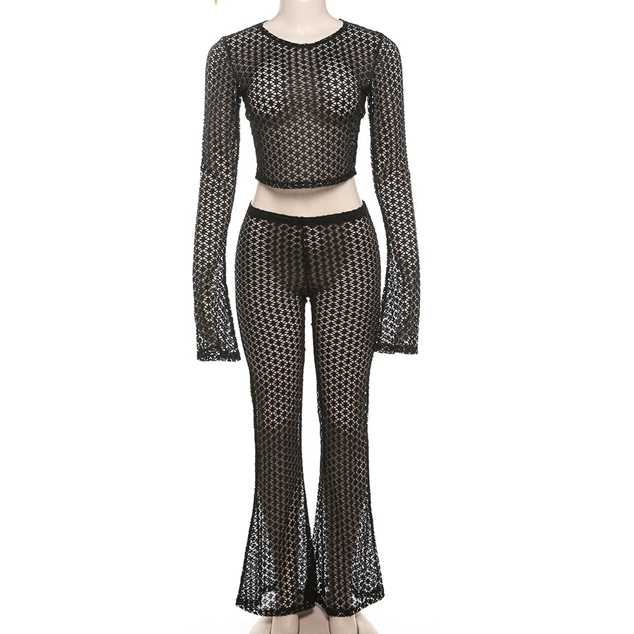 See Through 2 Piece Set Women Hollow Out Long Sleeve Outfits