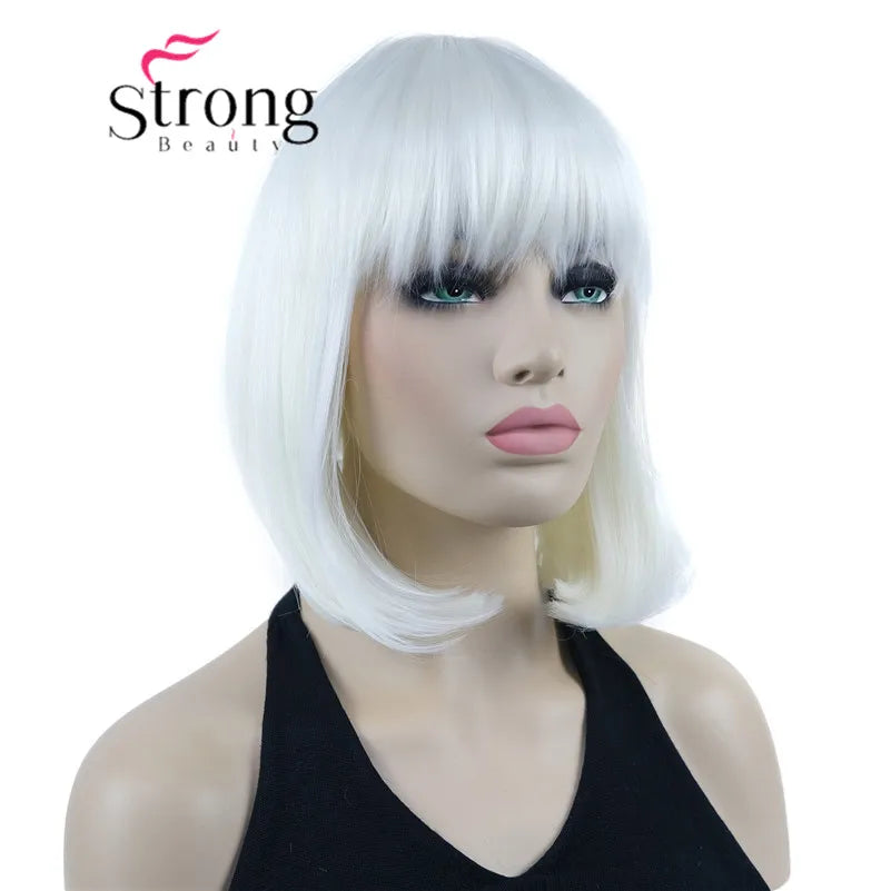 Short Straight Blonde Highlighted Bob With Bangs Synthetic Wig