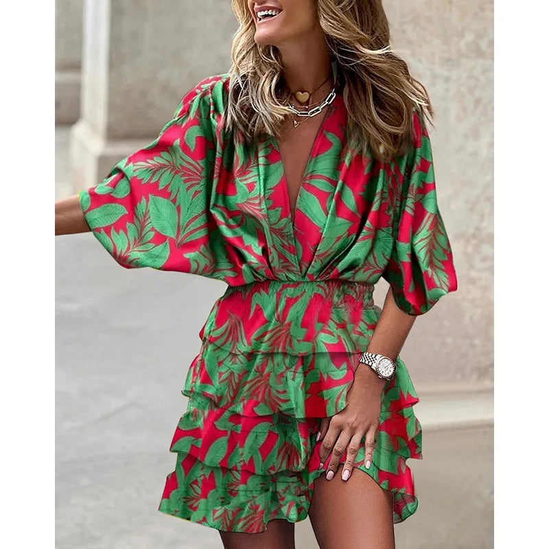 Women Dress Casual Explosive Spring Bat Sleeve V-Neck  Dress Women's Dress