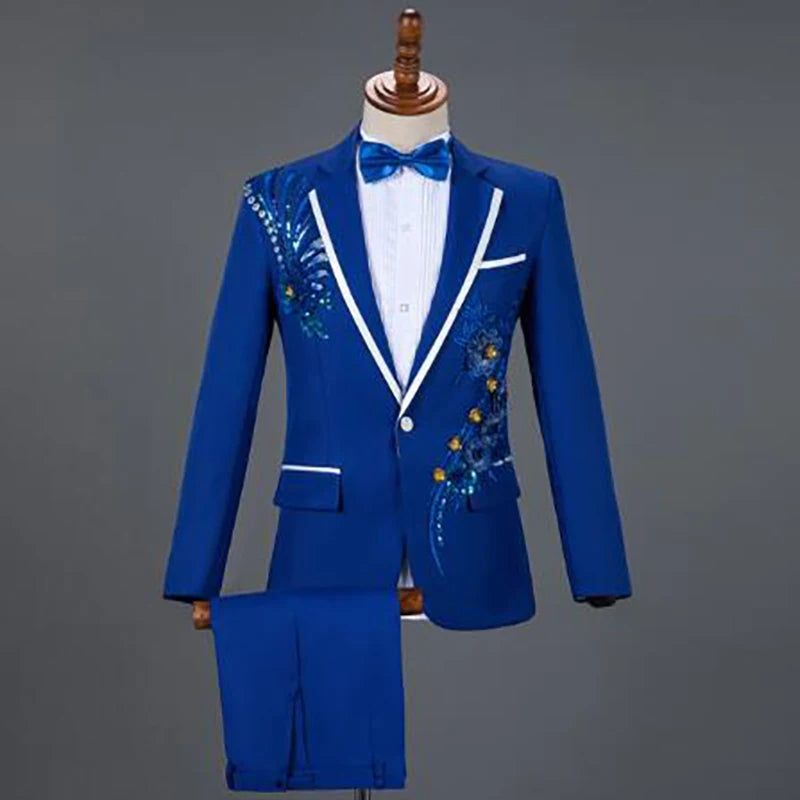 White Embroidered Diamond Suit Men Wedding Groom Tuxedo Suits