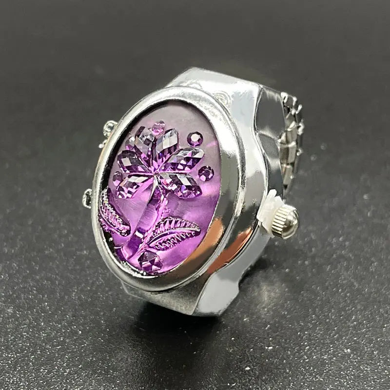 Women Ring Elliptical Stereo Flower Clamshell Adjustable Rings Quartz Watches