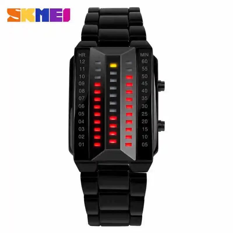 Waterproof Men Stainless Steel Red Binary LED Electronic Display Sport Watches