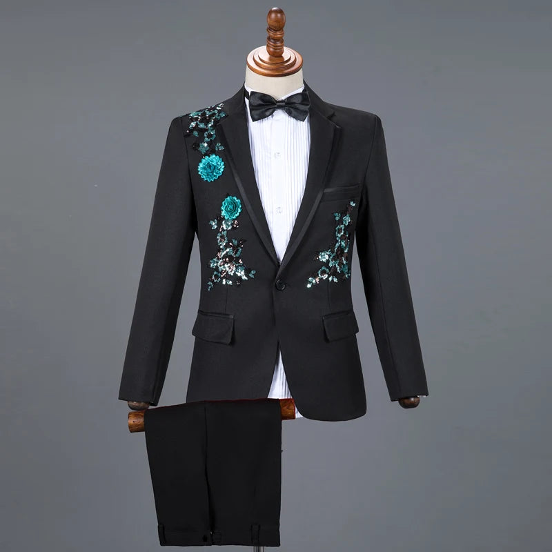 Red Diamond Floral Men Suits for Wedding Mens Suits 3 Piece Blazer+Pant+Bow Tie