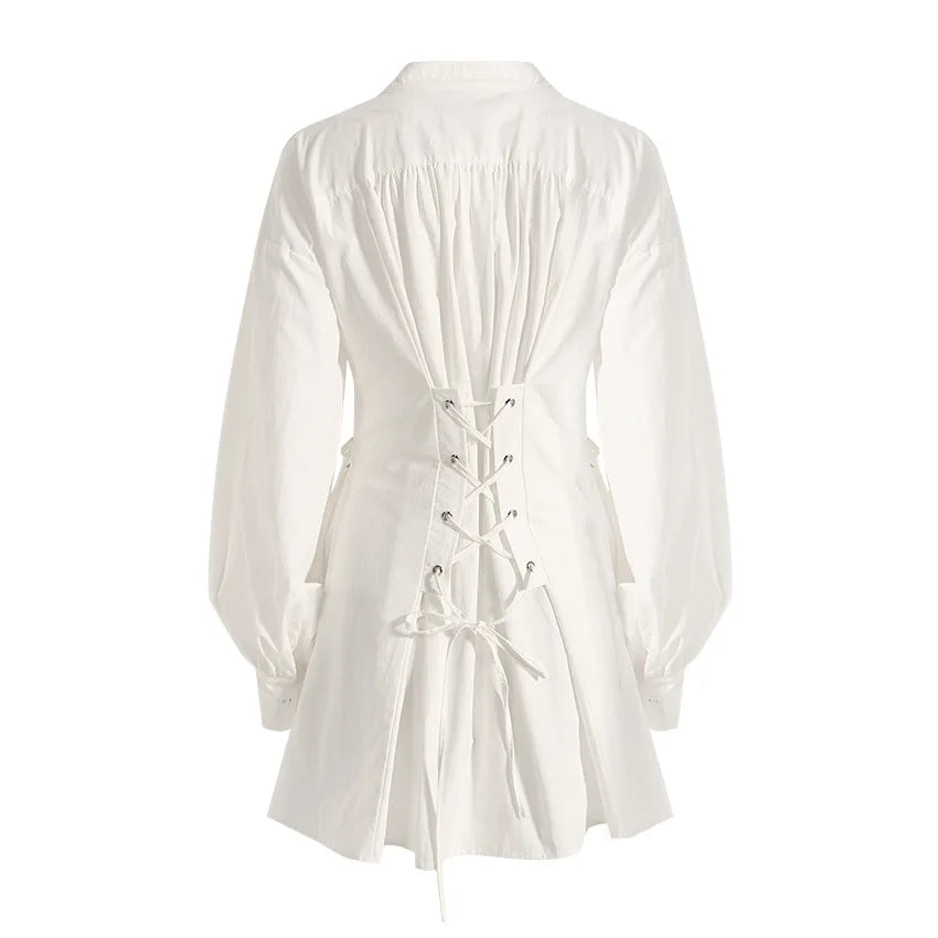 White Long Sleeve Lace Up Drawstring Women's Clothing Shirt Dress