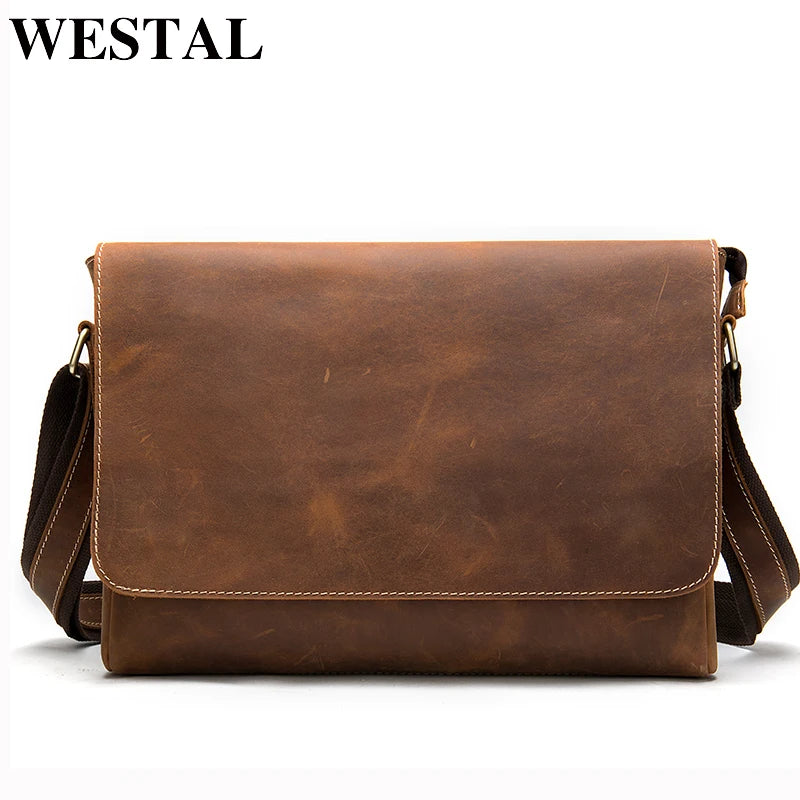 WESTAL Crazy Horse Leather Men's Briefcases Laptop Bag Office Bags