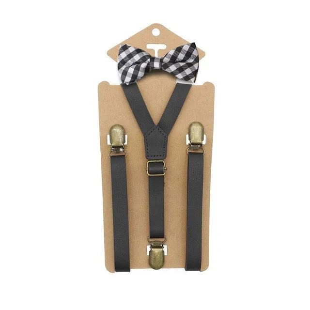 Y Back Kid Brown Tan Leather Suspender and Bow Tie Ring Bowtie Set