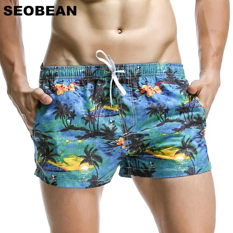 Short Men Board Shorts Coconut Leaf Pattern Sea Beach Style