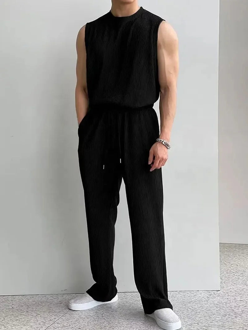 Thin Tracksuit Men Casual Long Pants SleevelessT-shirts Sets