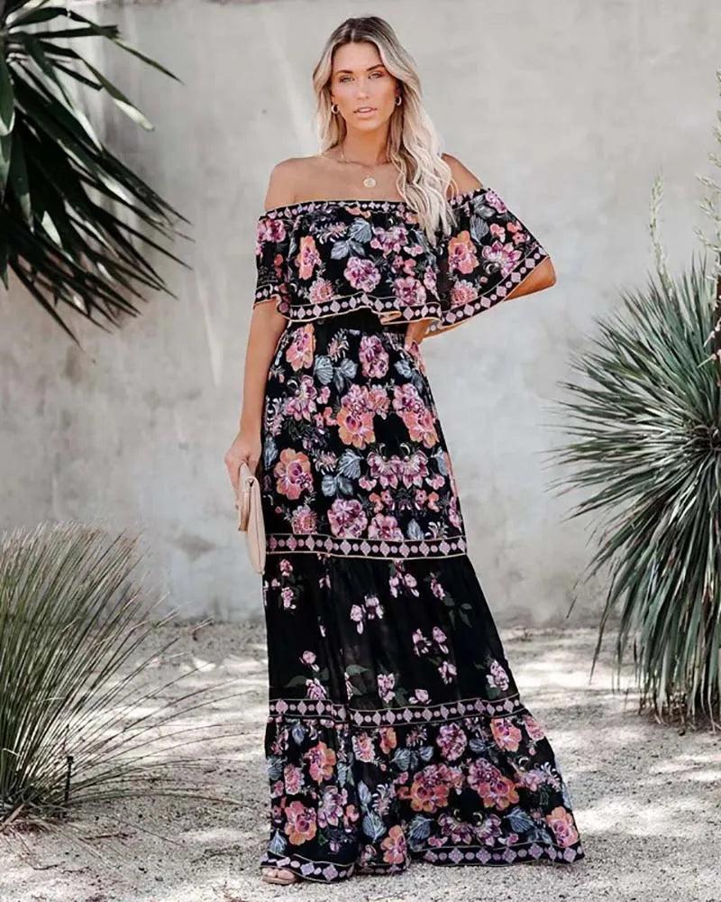 Summer Floral Print Off Shoulder Women Mexican Dress