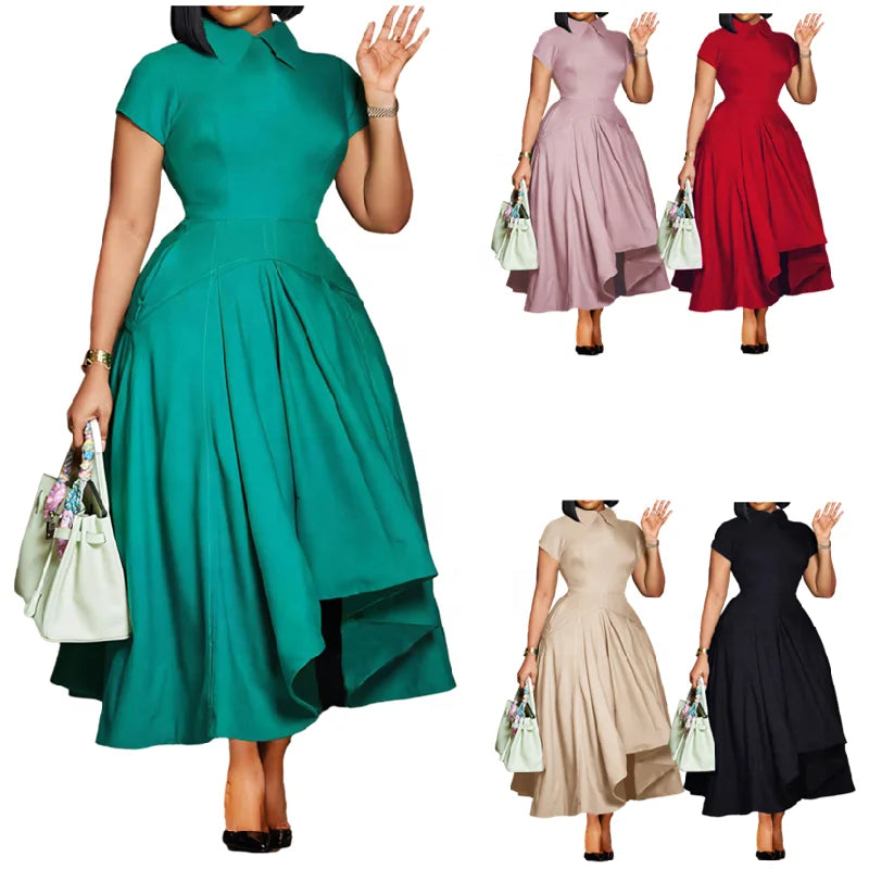 Summer Party Dresses Women Polo Neck Short Sleeve High Waist dresses