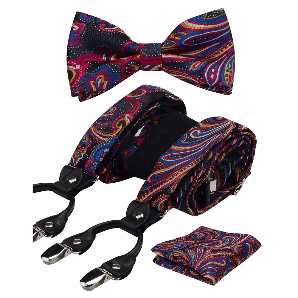 Y Shape Suspenders Bowtie and Pocket Square Set