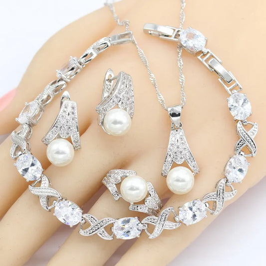 Pearl Silver Color Jewelry Sets Women Bracelet Earrings Necklace Pendant