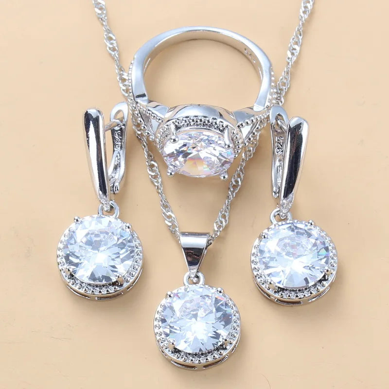 Silver Jewelry Sets Green Cubic Zirconia Necklaces Pendants Earrings and Ring