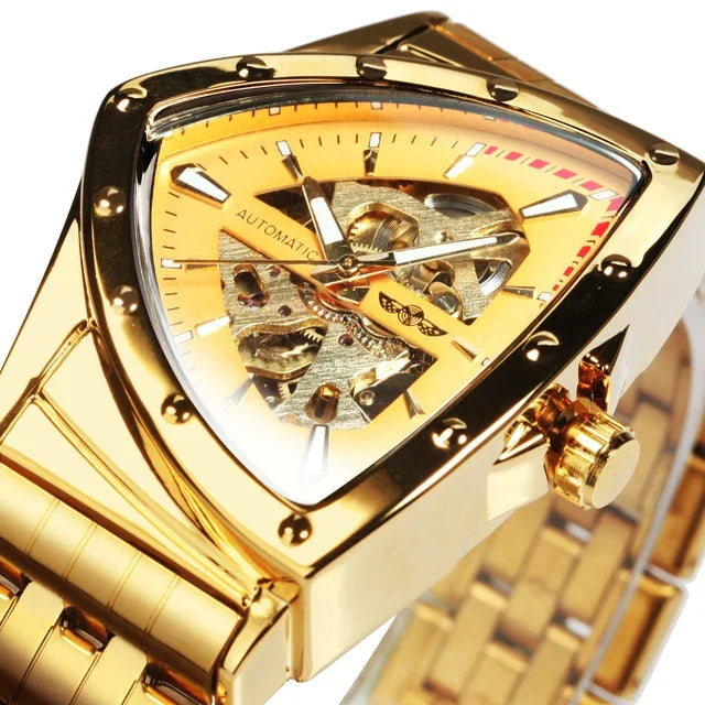 Skeleton Gold Watch Men Automatic Mechanical Wristwatch Stainless Steel Watch