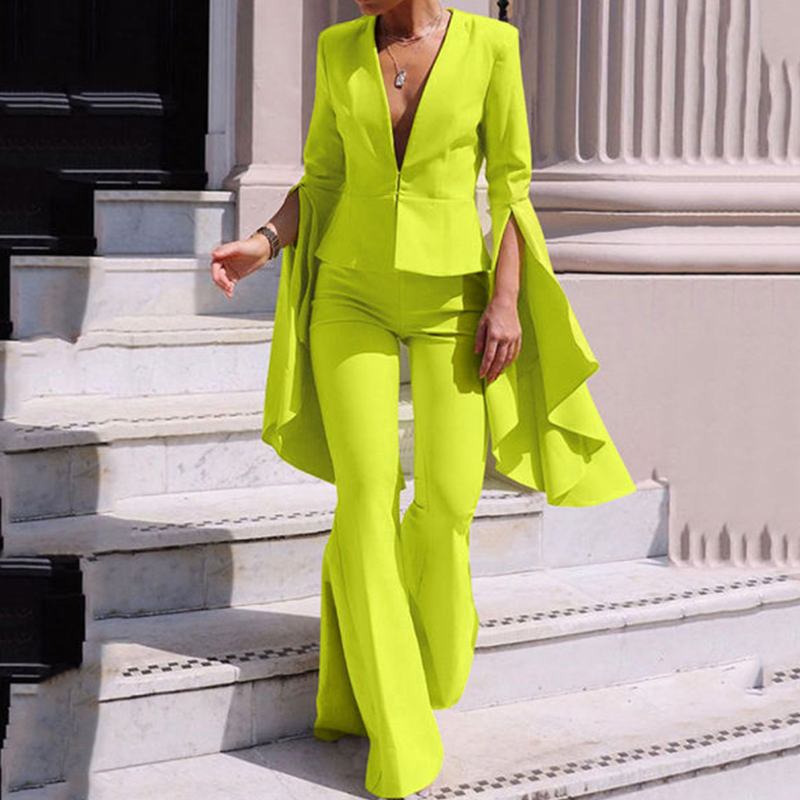 Pants Suits Women Flare Sleeve v Neck Tops and Long Bell Bottoms