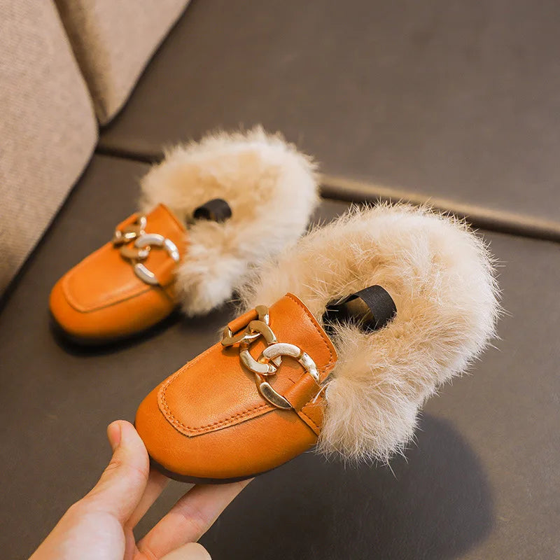 Warm Cotton Plush Fluffy Fur Kids Loafers With Metal Chain