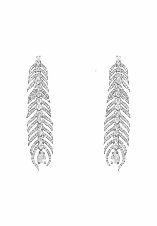 Peacock Feather Elongated Drop Earrings Silver