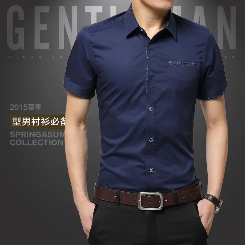 Summer Men Cotton Short Sleeves Dress Shirt Turn-Down Collar Cardigan