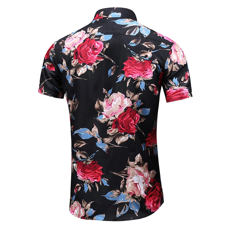 Summer Men Print Short Sleeve Hawaiian Shirt Casual Flower Slim Fit Beach Shirts