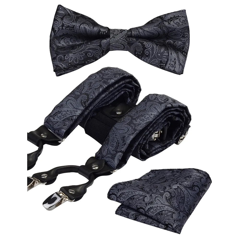 Y Shape Suspenders Bowtie and Pocket Square Set