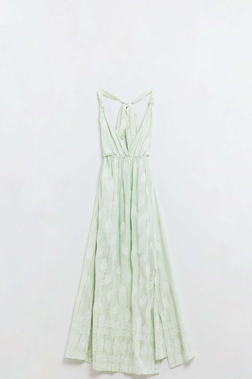 Midi Halter Dress in Mint Leaf Print With Lurex Details