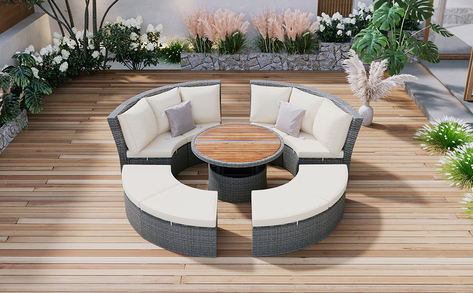 Patio 5-Piece Round Rattan Sectional Sofa Set All-Weather PE Wicker Sunbed