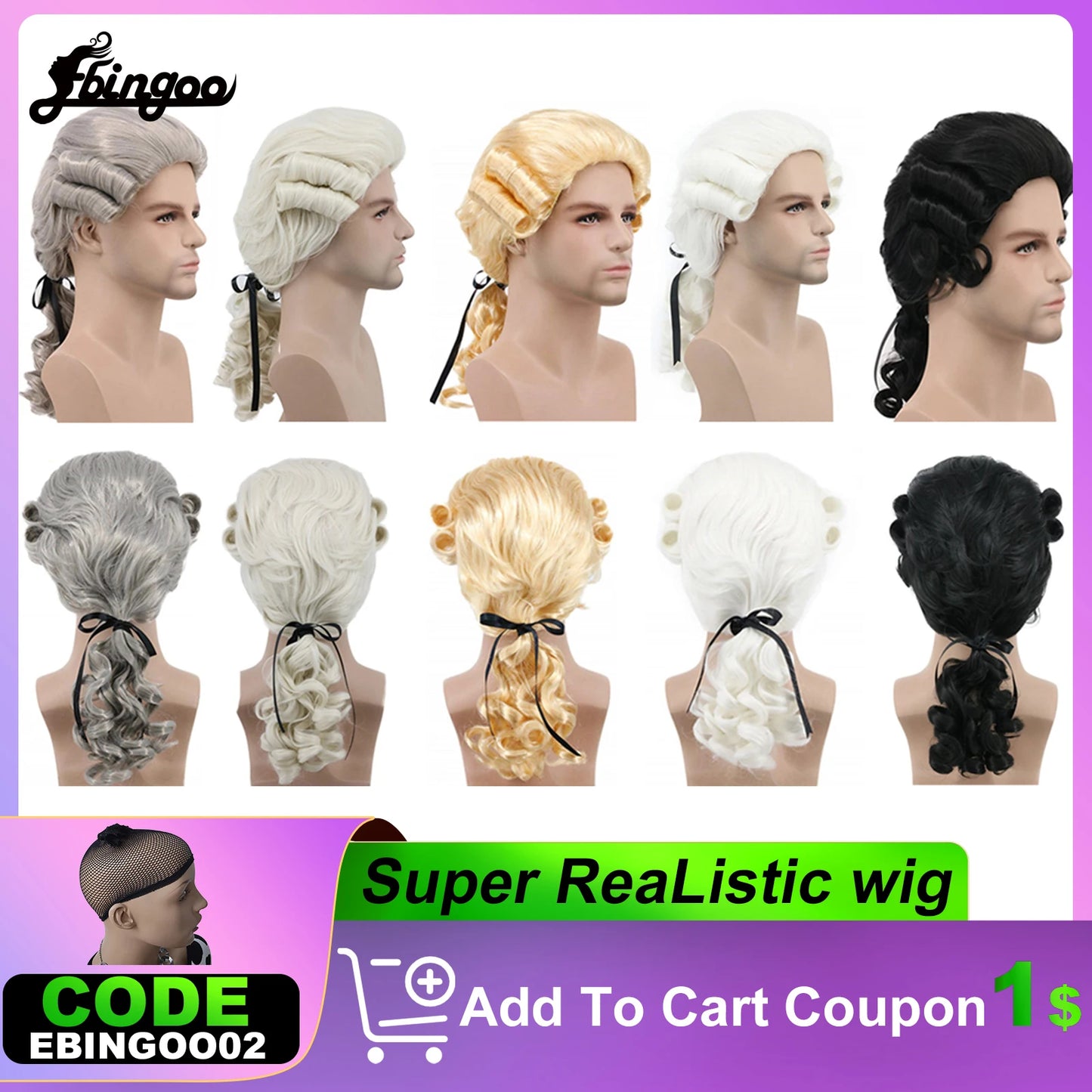 White Lawyer Judge Baroque Curly Male Costume Wigs